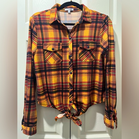 Fashion Nova Mustard Plaid Tie Knot Button Up Top - Picture 8 of 13